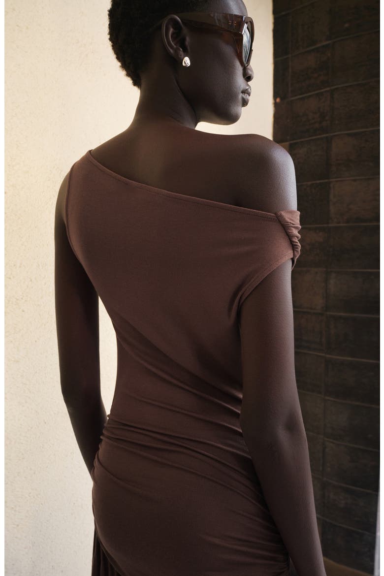 Asymmetric Gather Maxi Dress, Alternate, color, BROWN
