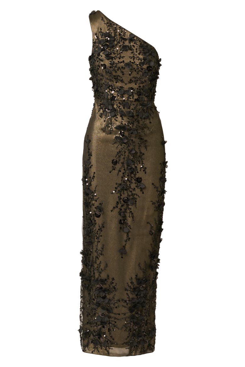 Floral Embroidered One-Shoulder Gown, Alternate, color, BLACK/ GOLD