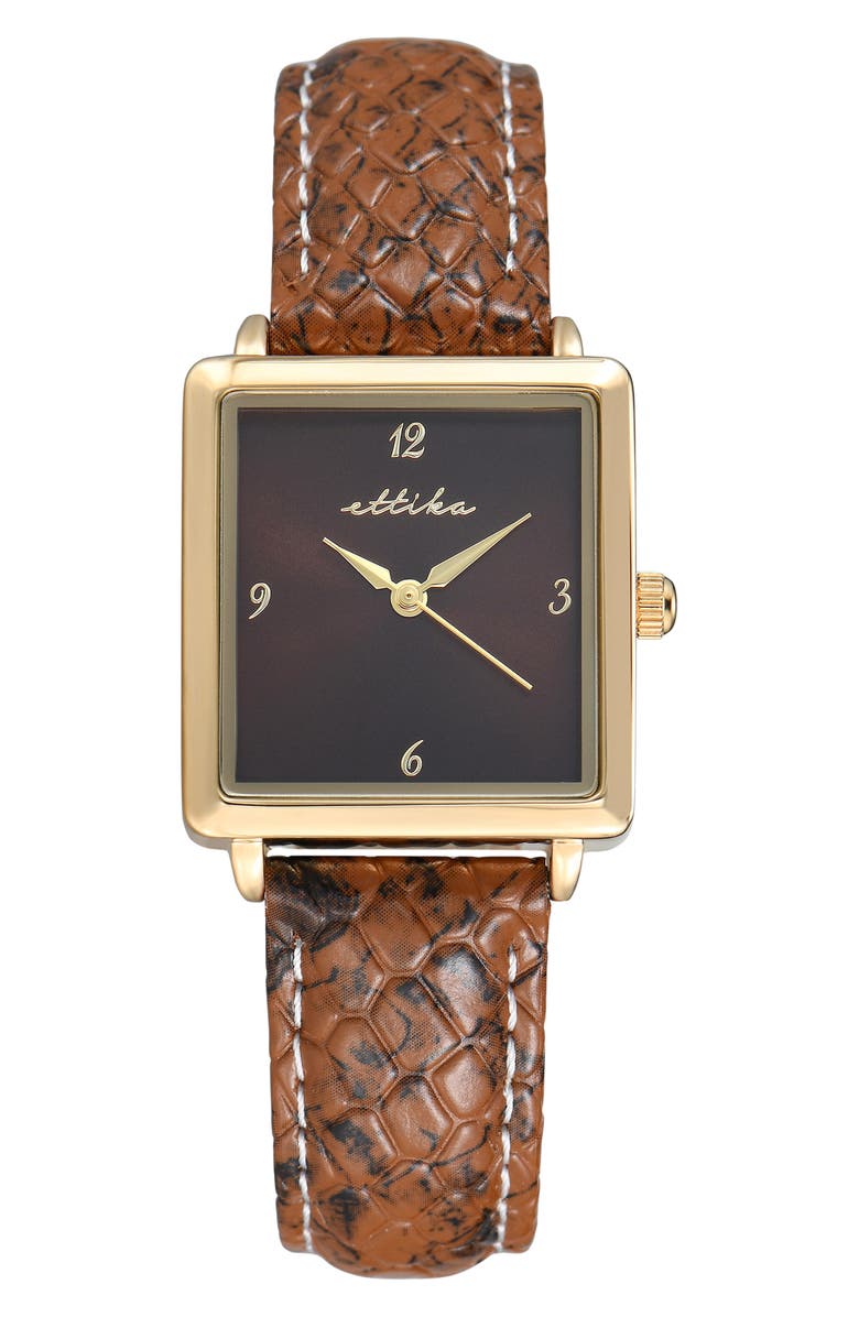 Ettika Square Case Leather Strap Watch, Main, color, Mocha
