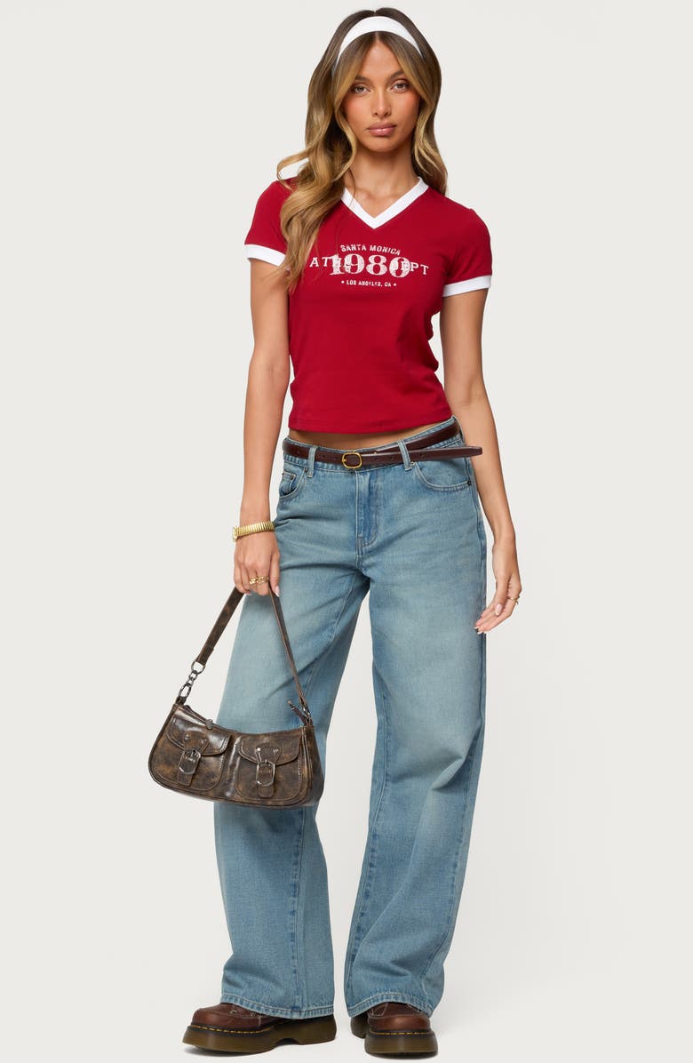 EDIKTED Santa Monica V-Neck Ringer T-Shirt, Alternate, color, Red