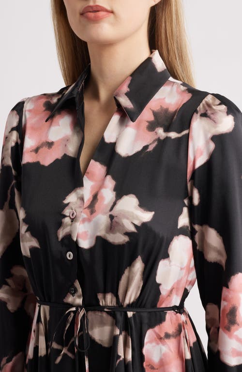 Tahari Asl Floral Long Sleeve Shirtdress In Black Pink