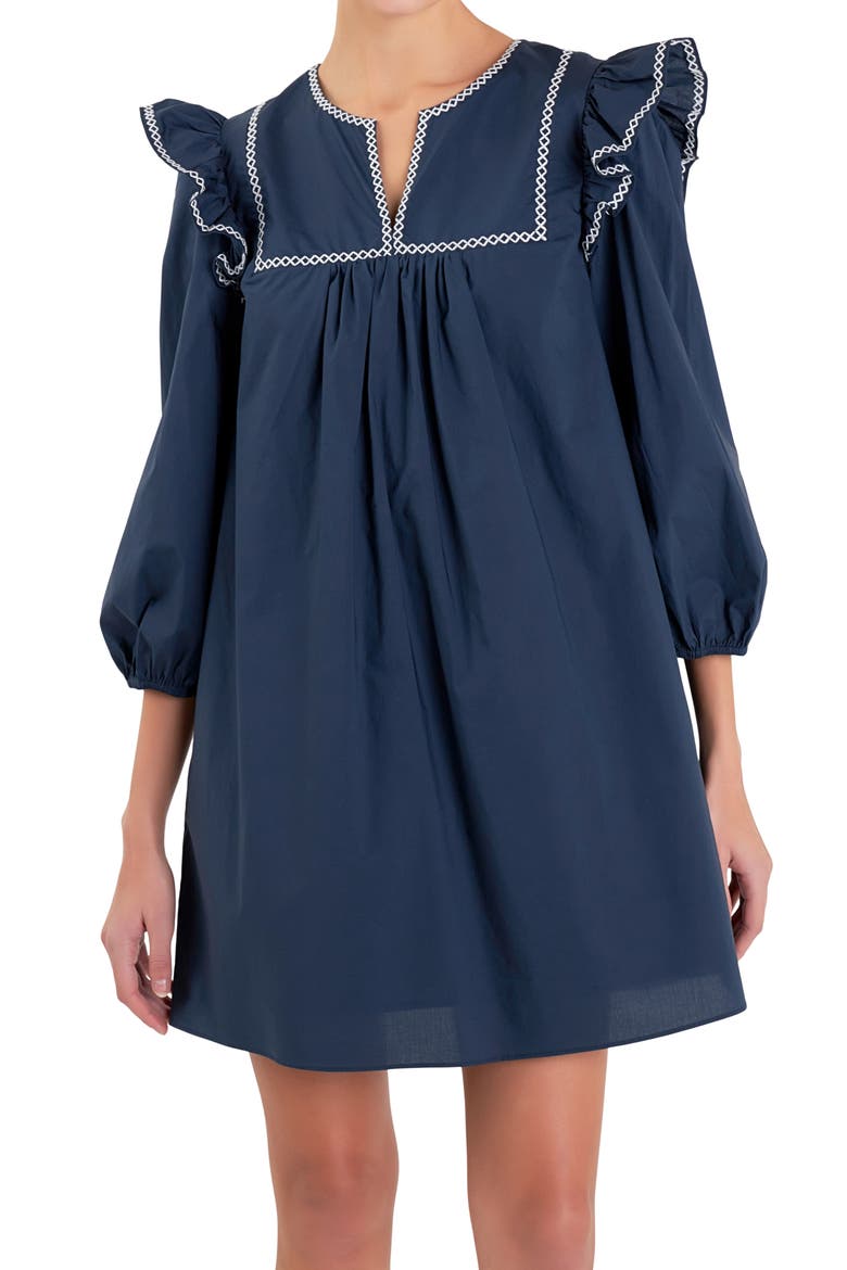 Embroidered Ruffle Cotton Minidress, Alternate, color, NAVY/ WHITE