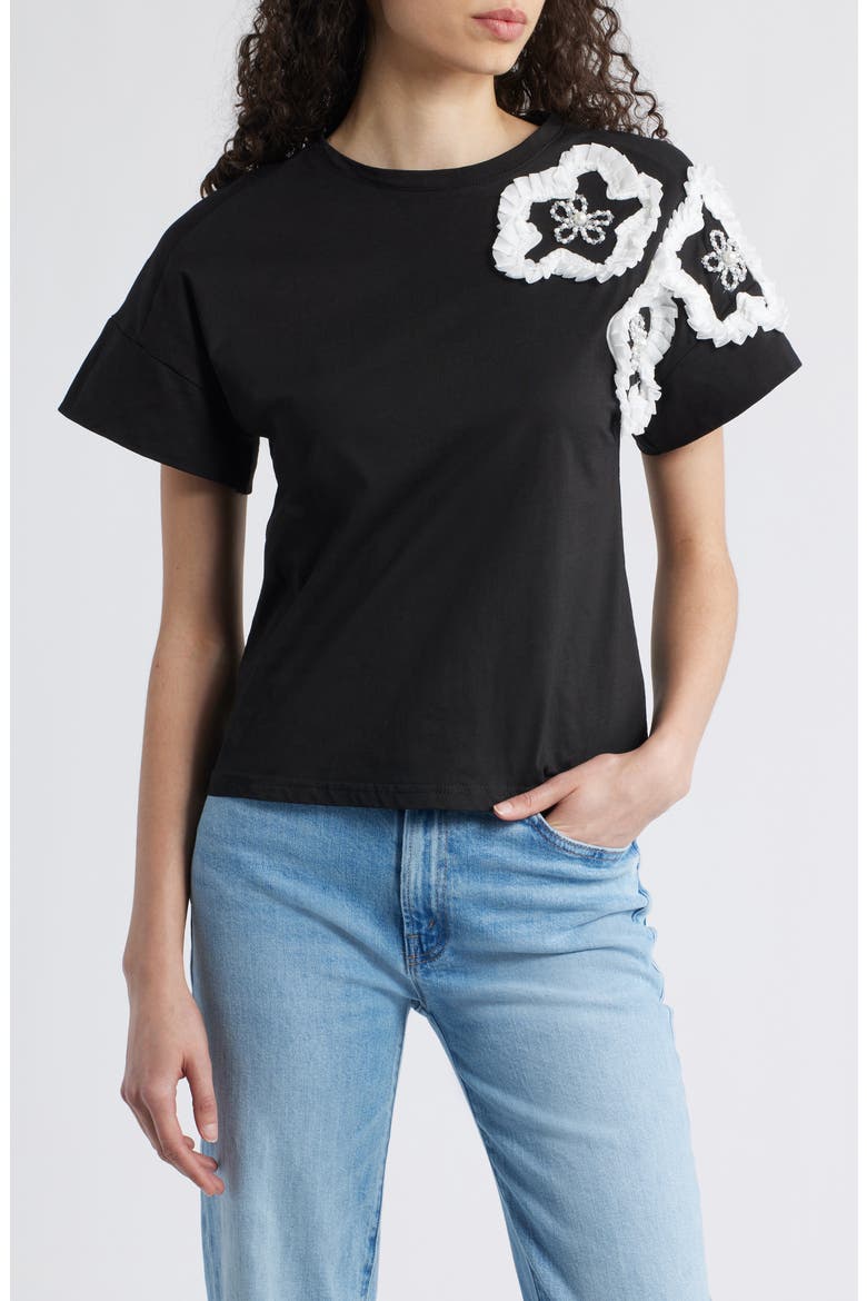 Celine Flower Appliqué Top, Main, color, BLACK