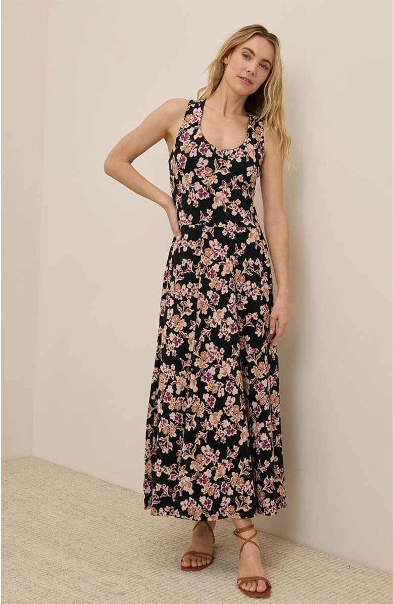 Pact Organic Cotton Fit & Flare Open Back Maxi Dress, Alternate, color, Scattered Posies Black