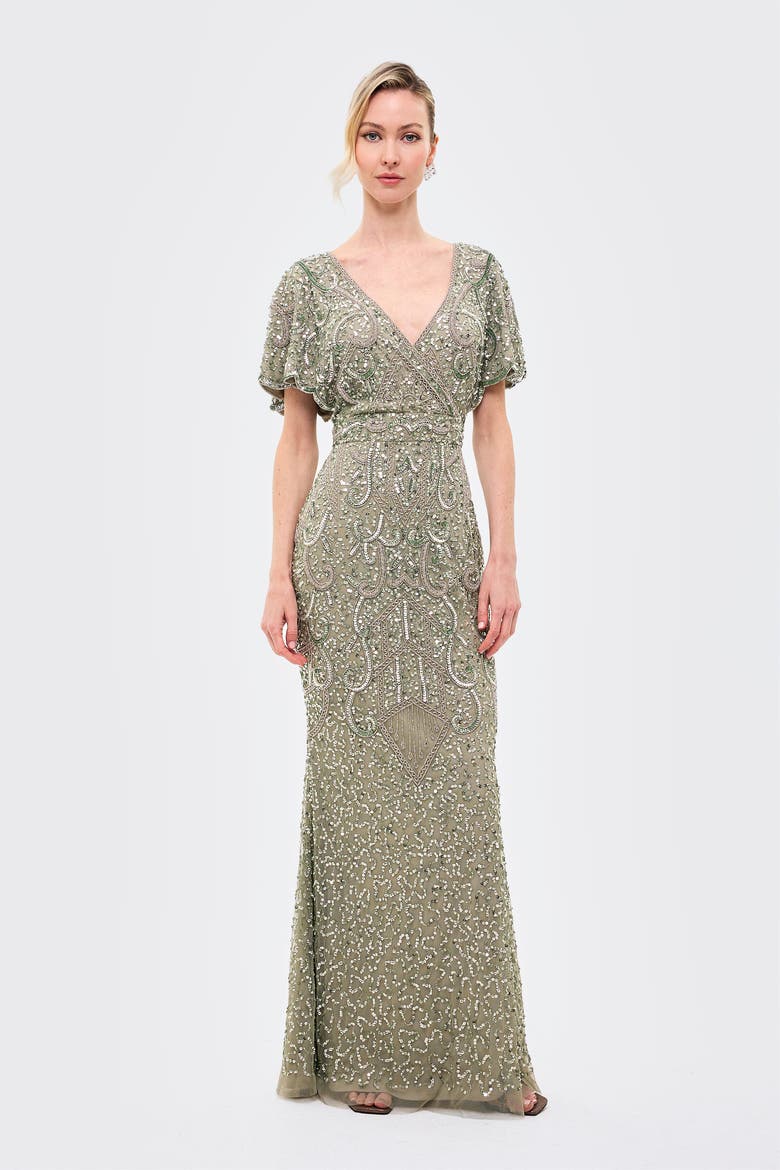 Embellished Sequins Fitted Maxi Gown, Main, color, SAGE GREEN