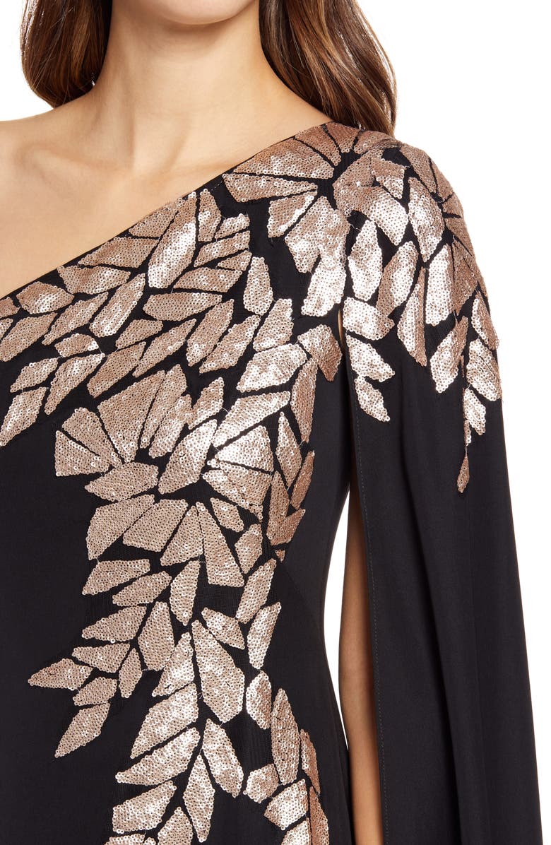 Tadashi Shoji One-Shoulder Cape Sleeve Crepe Gown, Alternate, color,