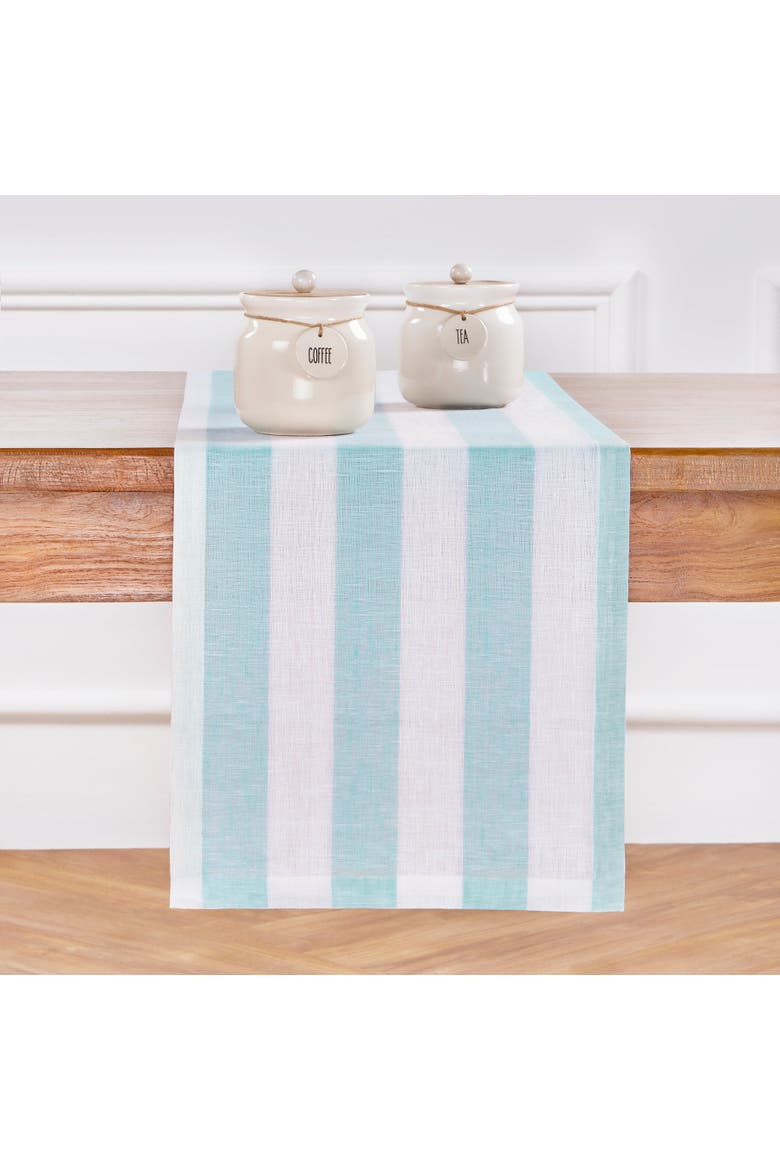 Linen Table Runner - Cabana Stripe, Main, color, Aqua and White