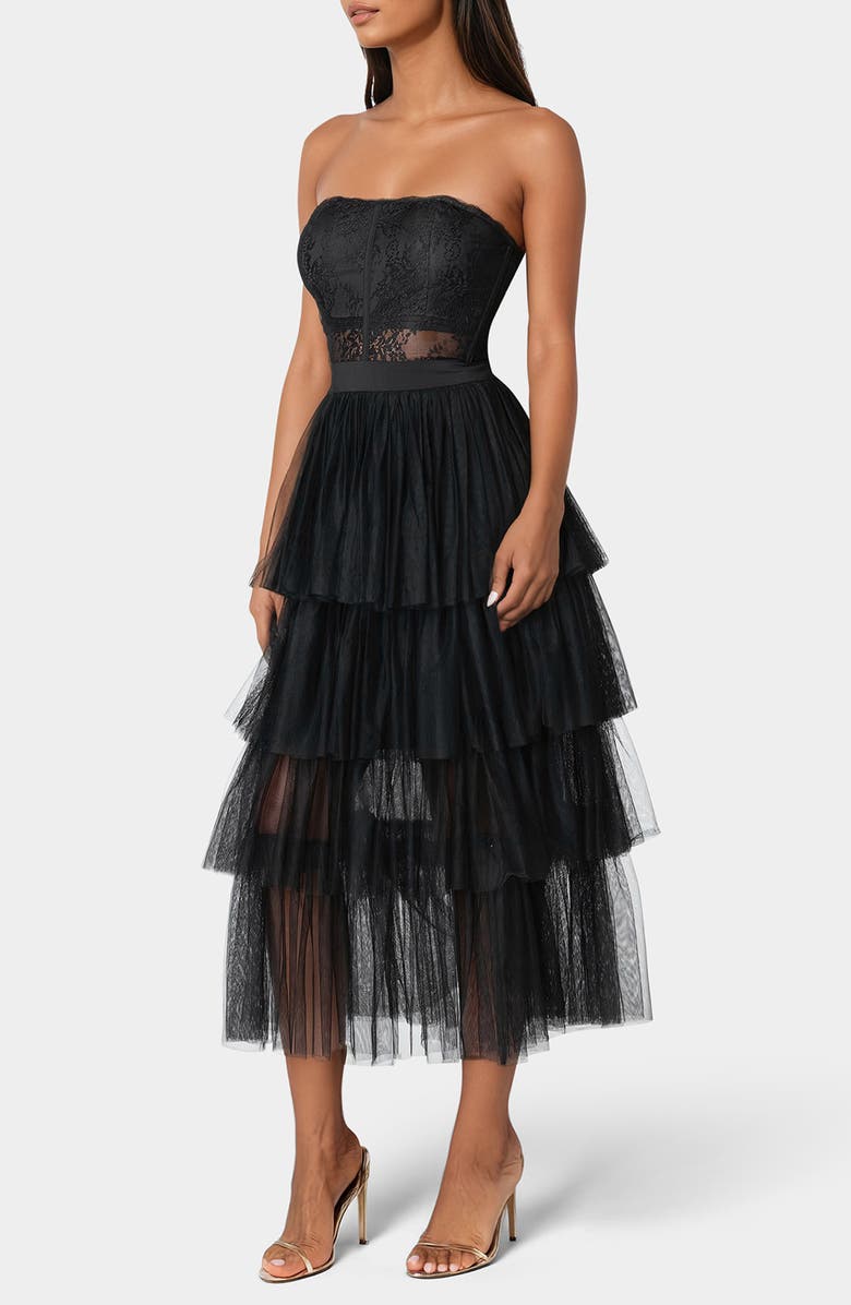 bebe Tiered Corset Midi Cocktail Dress, Alternate, color, Black