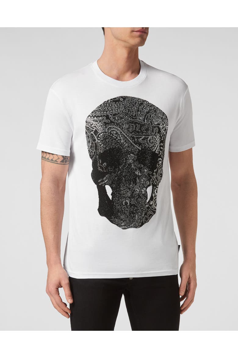 T-Shirt Round Neck Paisley Men, Main, color, white/black