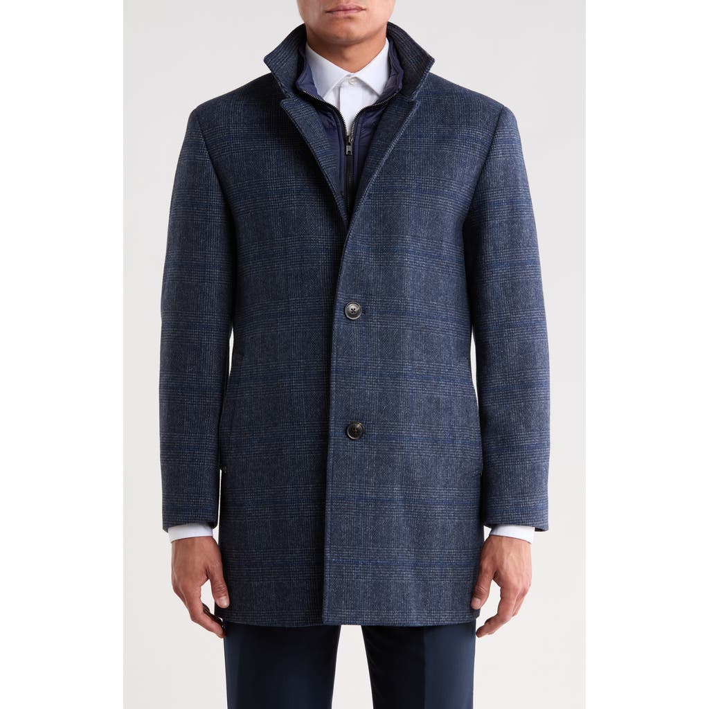 Hart Schaffner Marx Patrick Plaid Wool Blend Coat With Bib In Navy Plaid