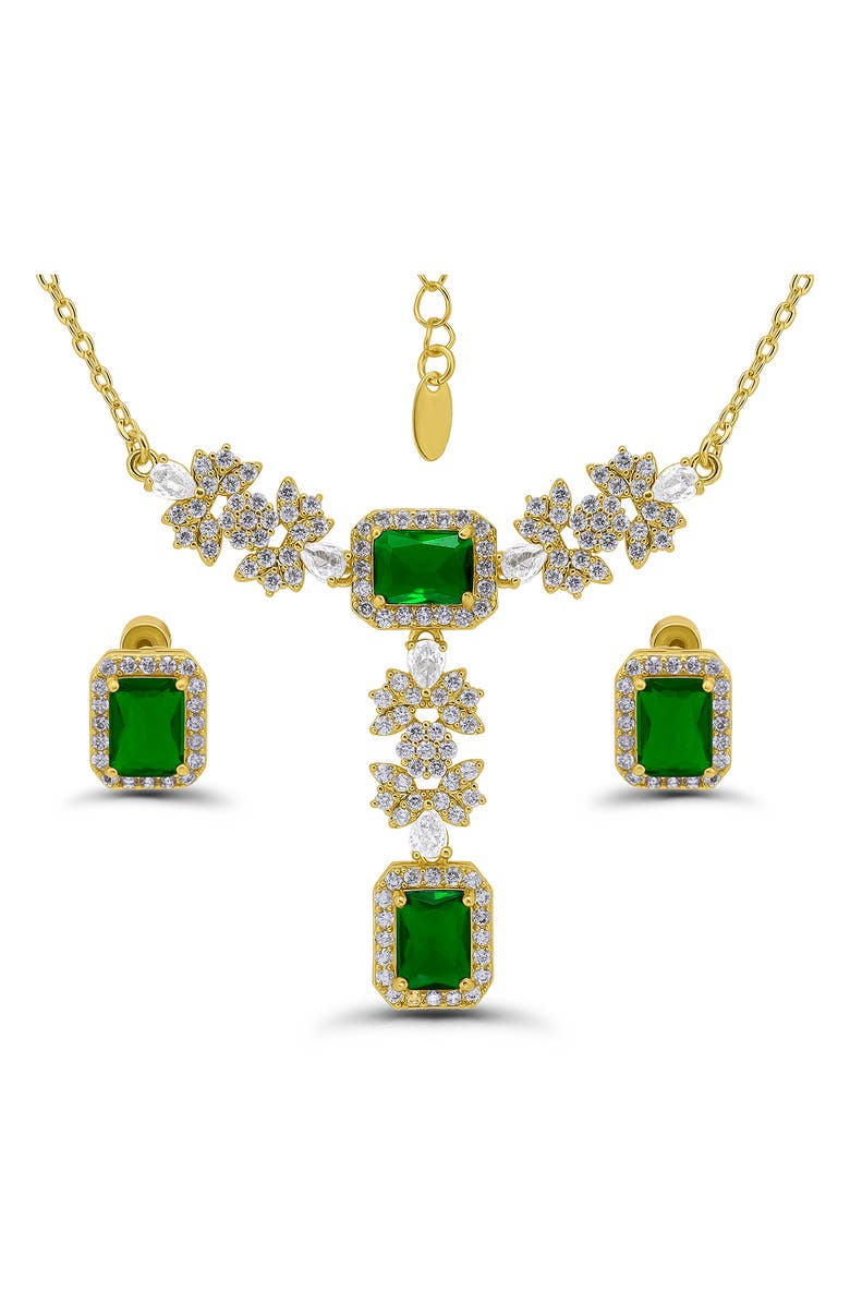Christian Siriano Emerald Cut Cubic Zirconia Pendant Necklace & Stud Earrings Set, Main, color, Gold/ Green