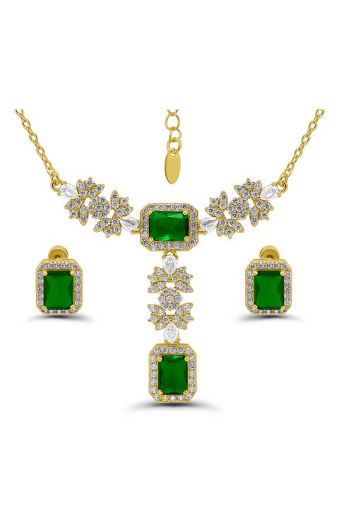 Emerald Cut Cubic Zirconia Pendant Necklace & Stud Earrings Set