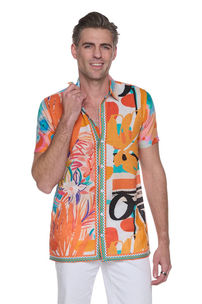 Extra Trim Fit Print Linen & Cotton Camp Shirt, Alternate, color, ORANGE