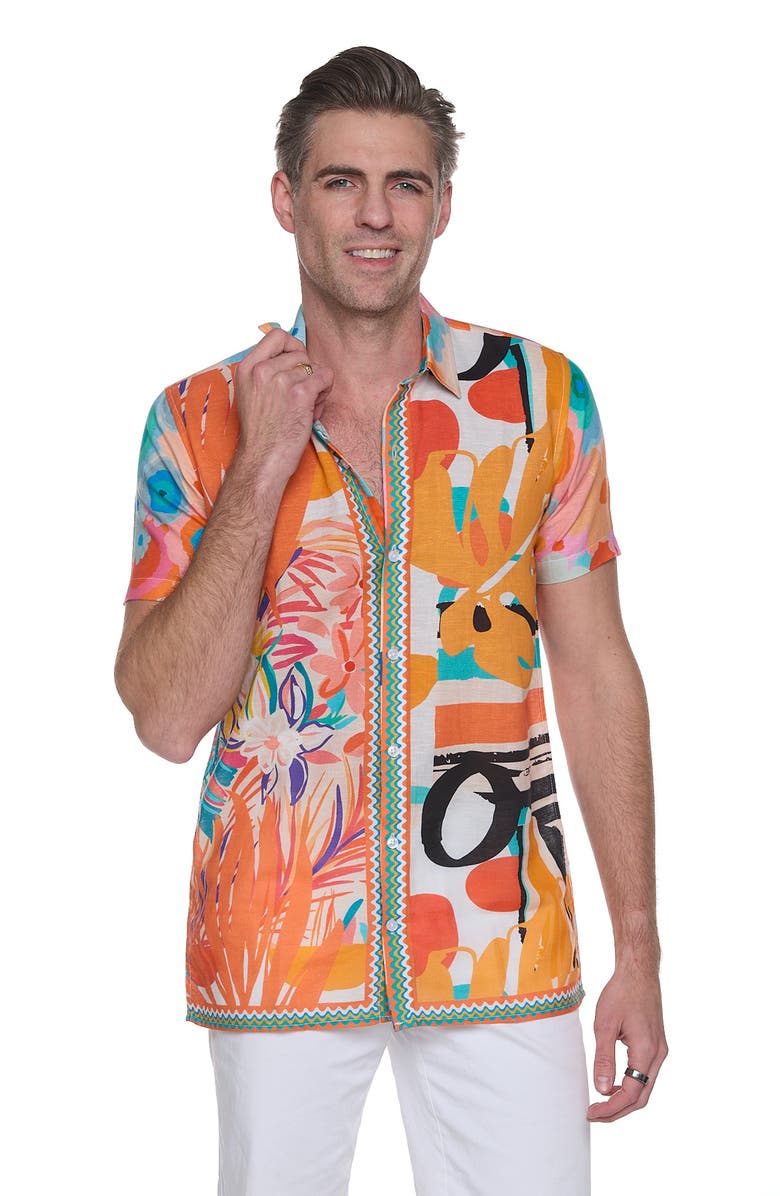 RANEES Extra Trim Fit Print Linen & Cotton Camp Shirt, Alternate, color,