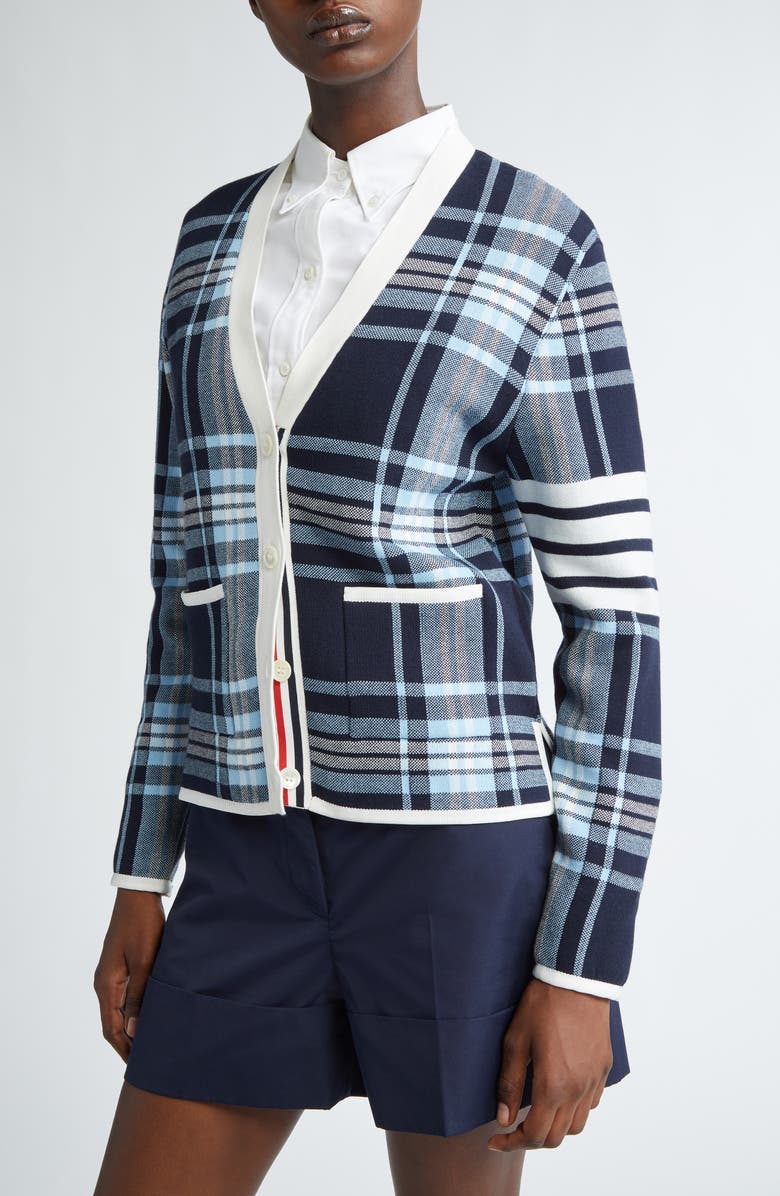 Thom Browne School Tartan Jacquard Cardigan, Alternate, color, 