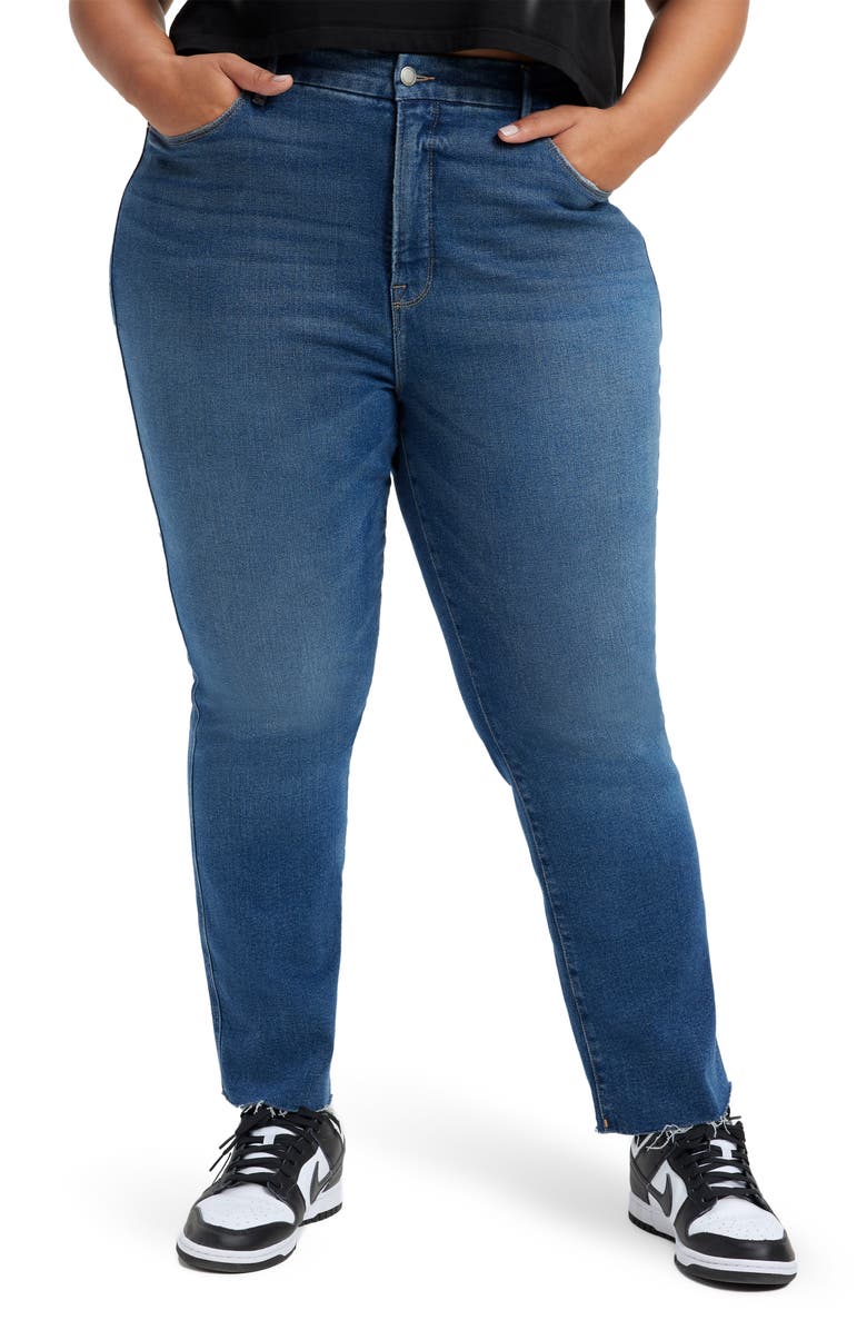 Good American Good Curve Distressed Raw Hem Straight Leg Jeans, Alternate, color,