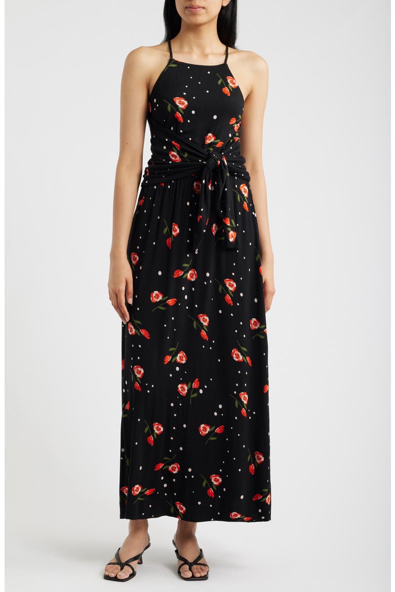 Floral Print Apron Maxi Dress, Main, color, BLACK/ RED