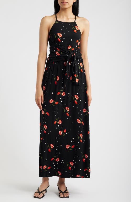 Loveappella Floral Print Apron Maxi Dress in Black/red at Nordstrom, Size Large