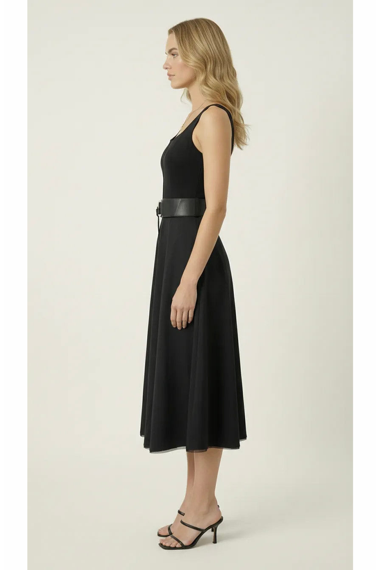 Belted Scoop Neck Midi Dress, Alternate, color, Black