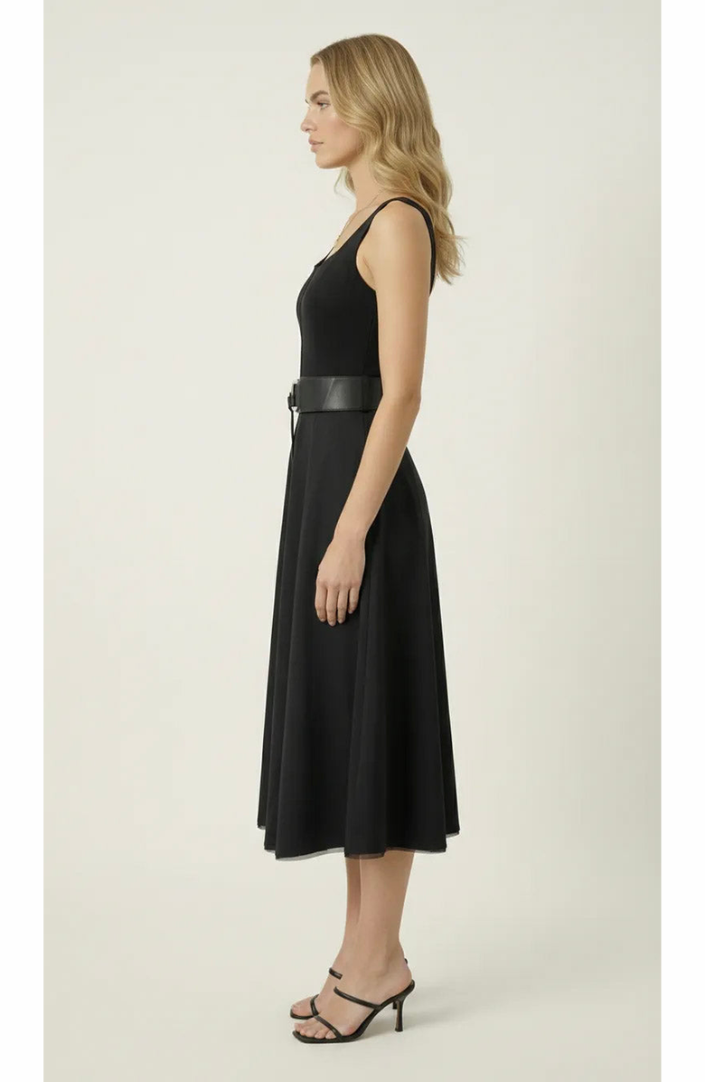 Modenaire Belted Scoop Neck Midi Dress, Alternate, color, Black