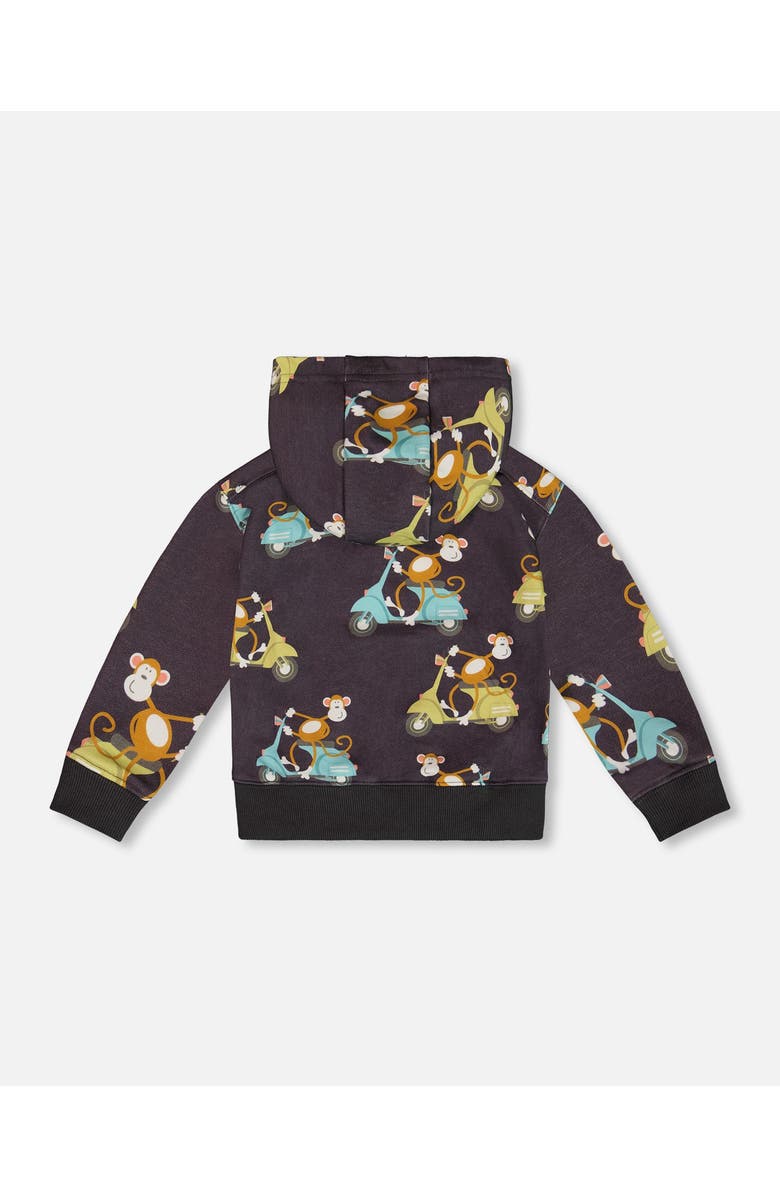 Deux par Deux Little Boy's Printed French Terry Hooded Full Zip Cardigan Sweatshirt Monkey On Navy Moped, Alternate, color,