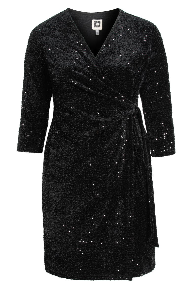 Sequin Faux Wrap Dress, Alternate, color, ANNE BLACK
