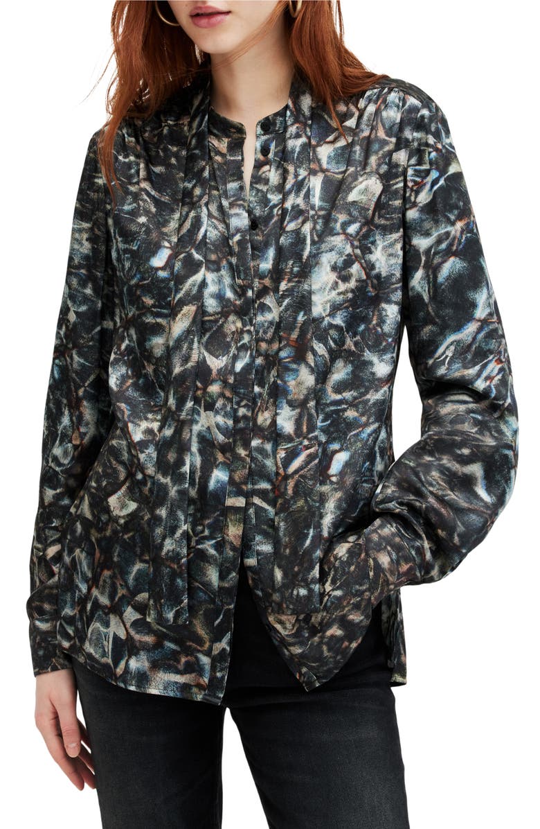 AllSaints Toni Caladesi Tie Neck Button-Up Shirt, Main, color, Petrol Blue