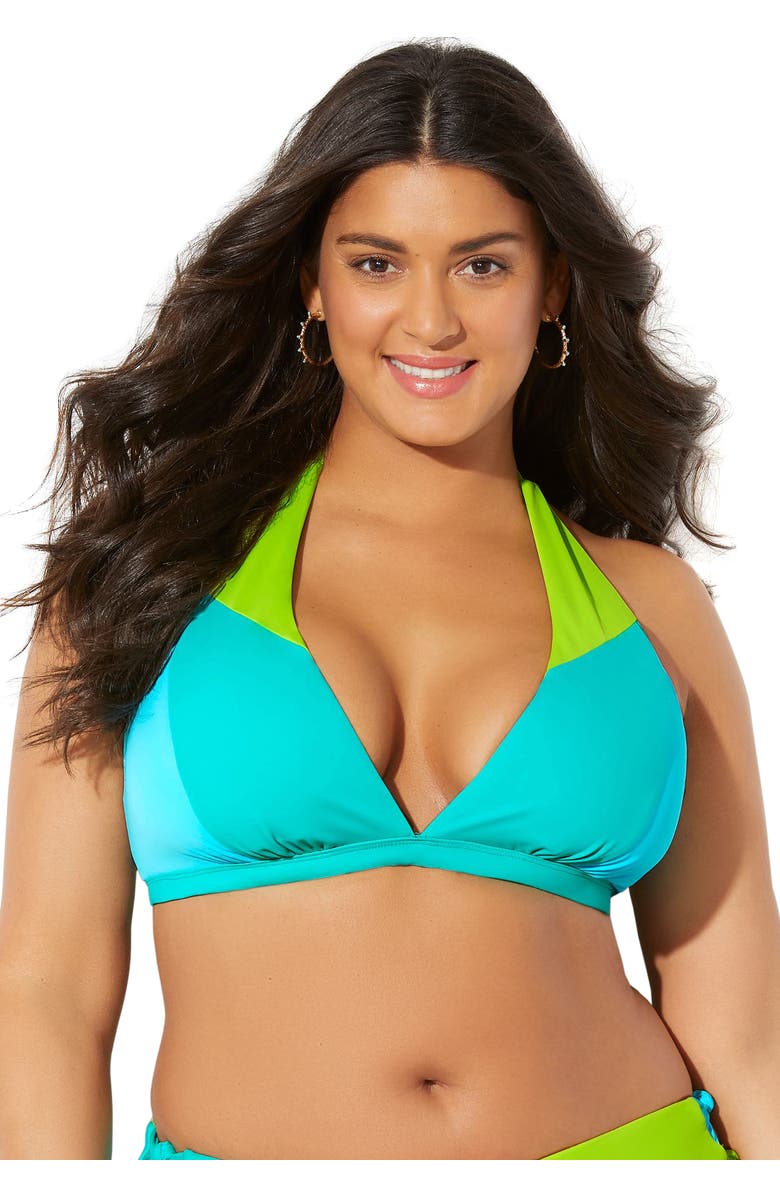 Swimsuits for All Romancer Colorblock Halter Triangle Bikini Top, Main, color, Neon Mint Oasis