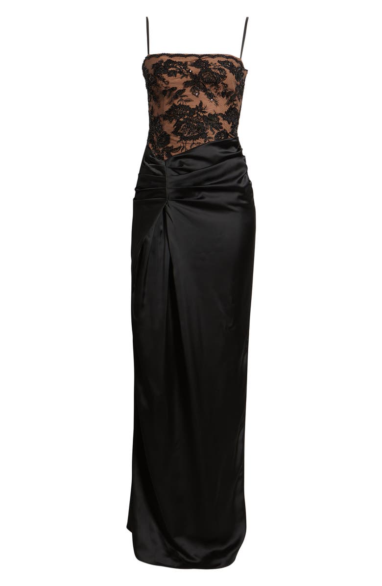 HOUSE OF CB Eliette Lace & Satin Column Gown, Alternate, color, Black