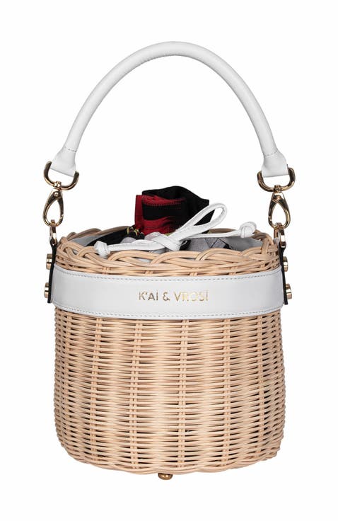 Leather & Straw Bucket Bag with Drawstring