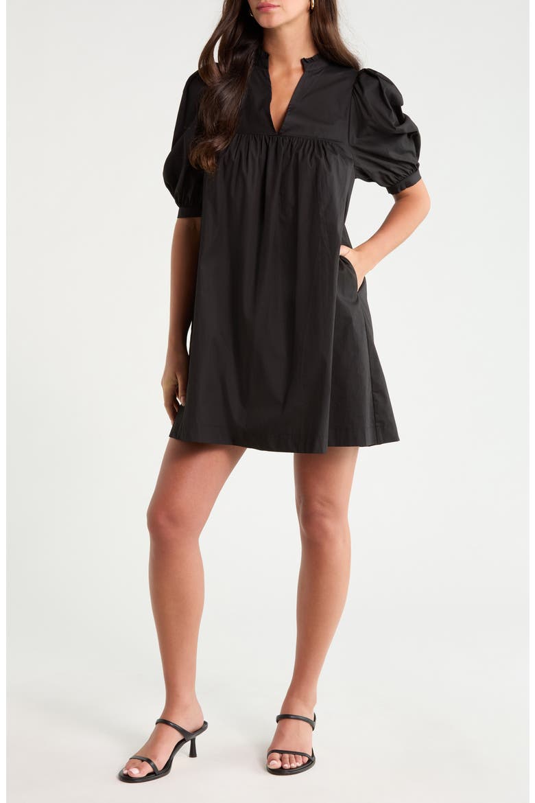 Julissa Split Neck Cotton Babydoll Minidress, Main, color, BLACK