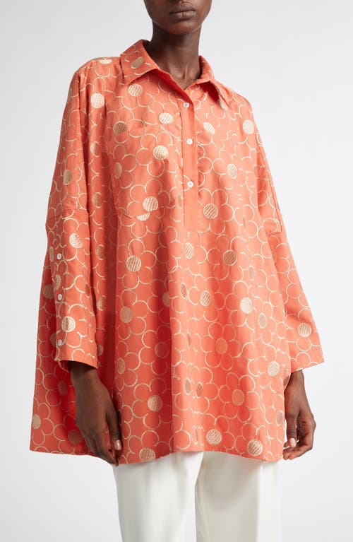 La Vie Style House Floral Embroidered Oversize Shirt in Coral 