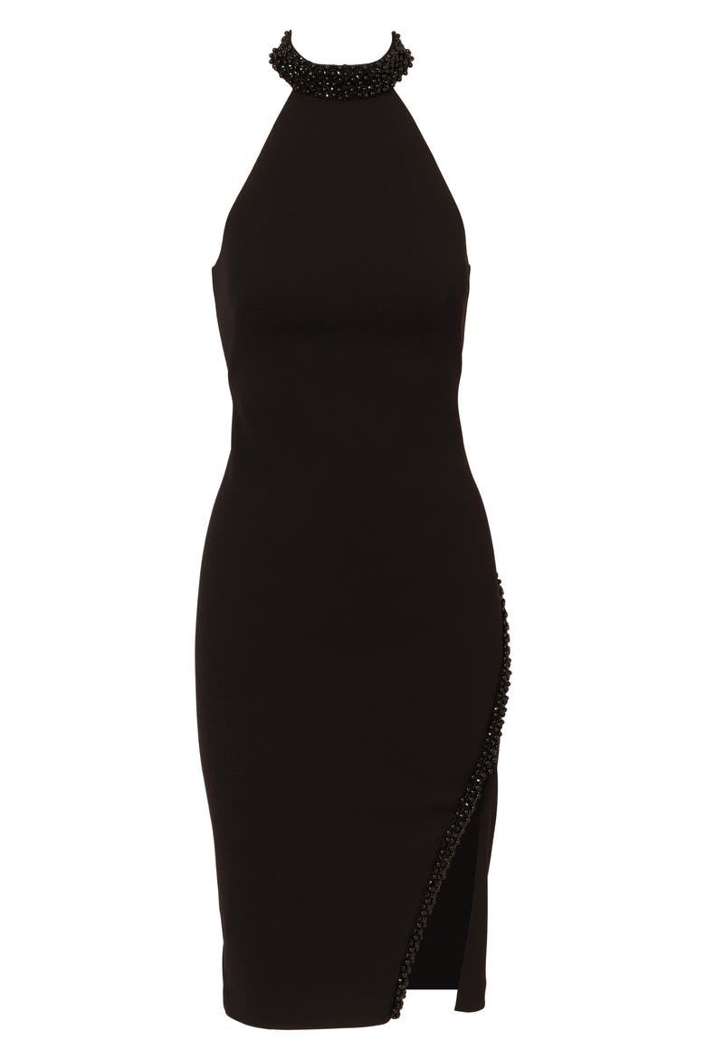 Beaded Neck Crepe Midi Sheath Dress, Alternate, color, BLACK
