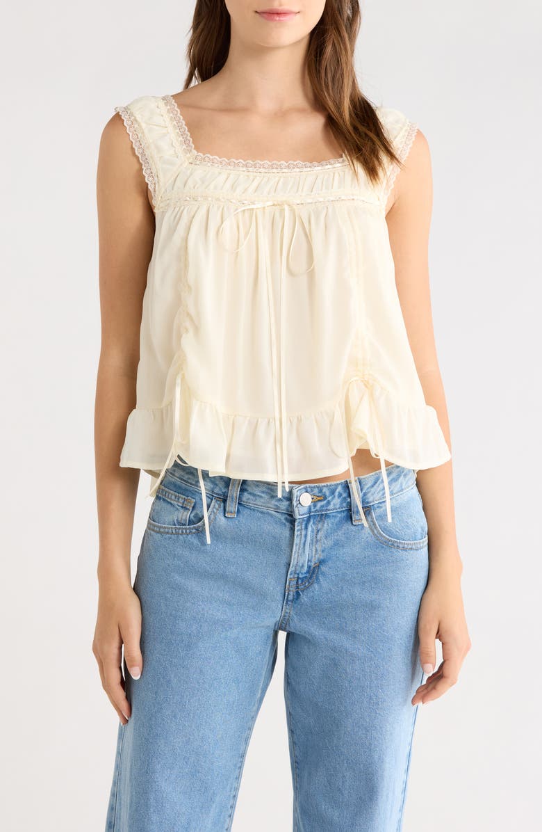 Princess Polly Elusia Lace Trim Ruched Top, Main, color, Cream