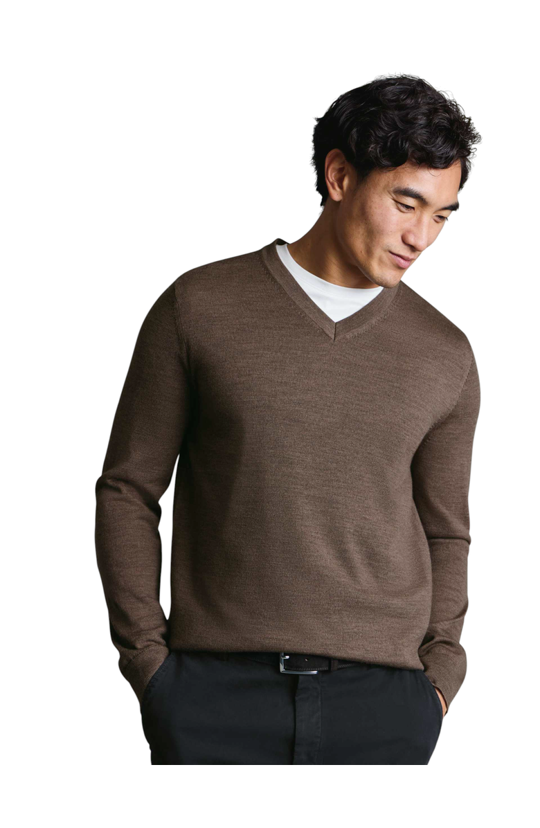 Charles Tyrwhitt Merino V-Neck Sweater, Main, color, Mocha