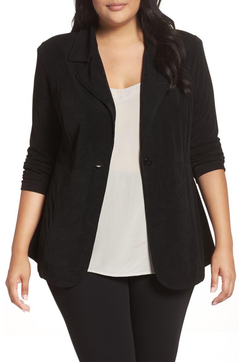 One-Button Stretch Knit Blazer, Main, color, BLACK