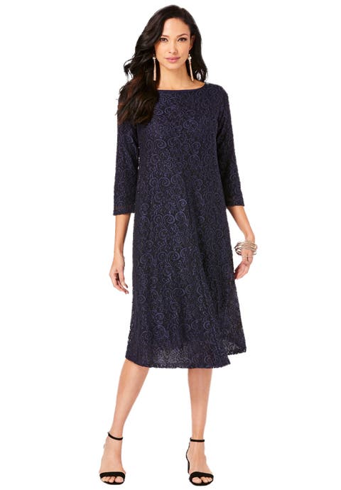 Plus-Size 3/4 Sleeve Boatneck Lace Swing Dress (Plus)