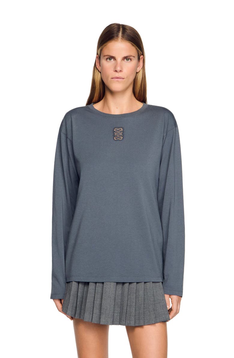 SANDRO T-shirt with embroidery, Main, color, Grey