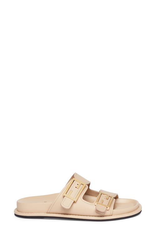 Fendi F Buckle Leather Slide Sandals In Buff