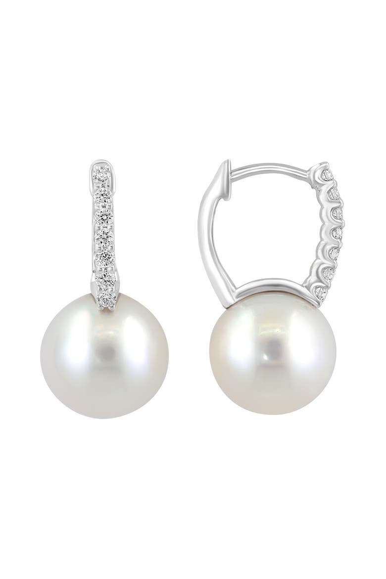14K White Gold Diamond Fresh Water Pearl Dangle Hoop Earrings, Alternate, color, 14K Gold
