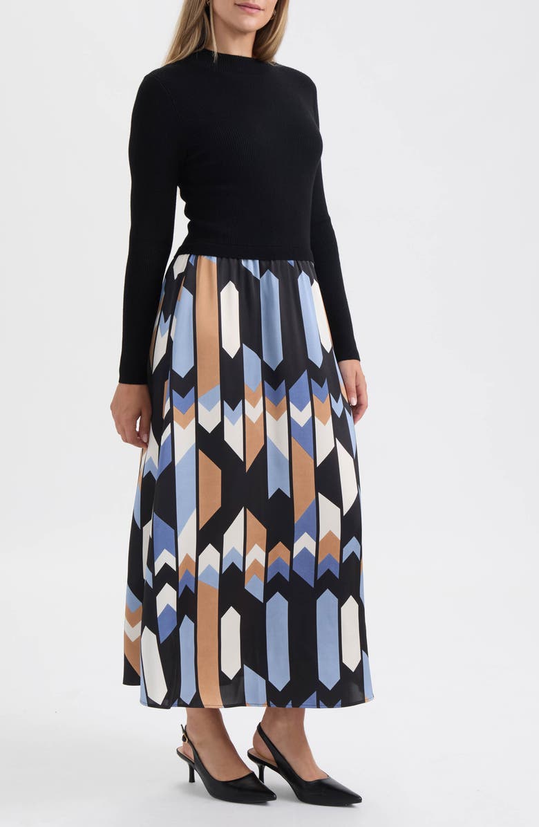 Ellen Tracy Mock Neck Long Sleeve Mixed Media Dress, Alternate, color, Black/ Blue Zig Zag