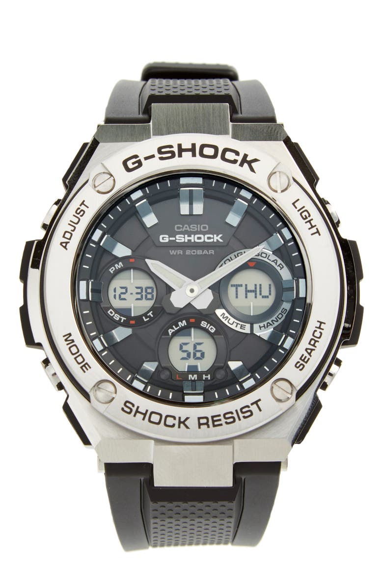 'G-Steel' Ana-Digi Resin Strap Watch, 59mm x 52mm, Main, color, BLACK