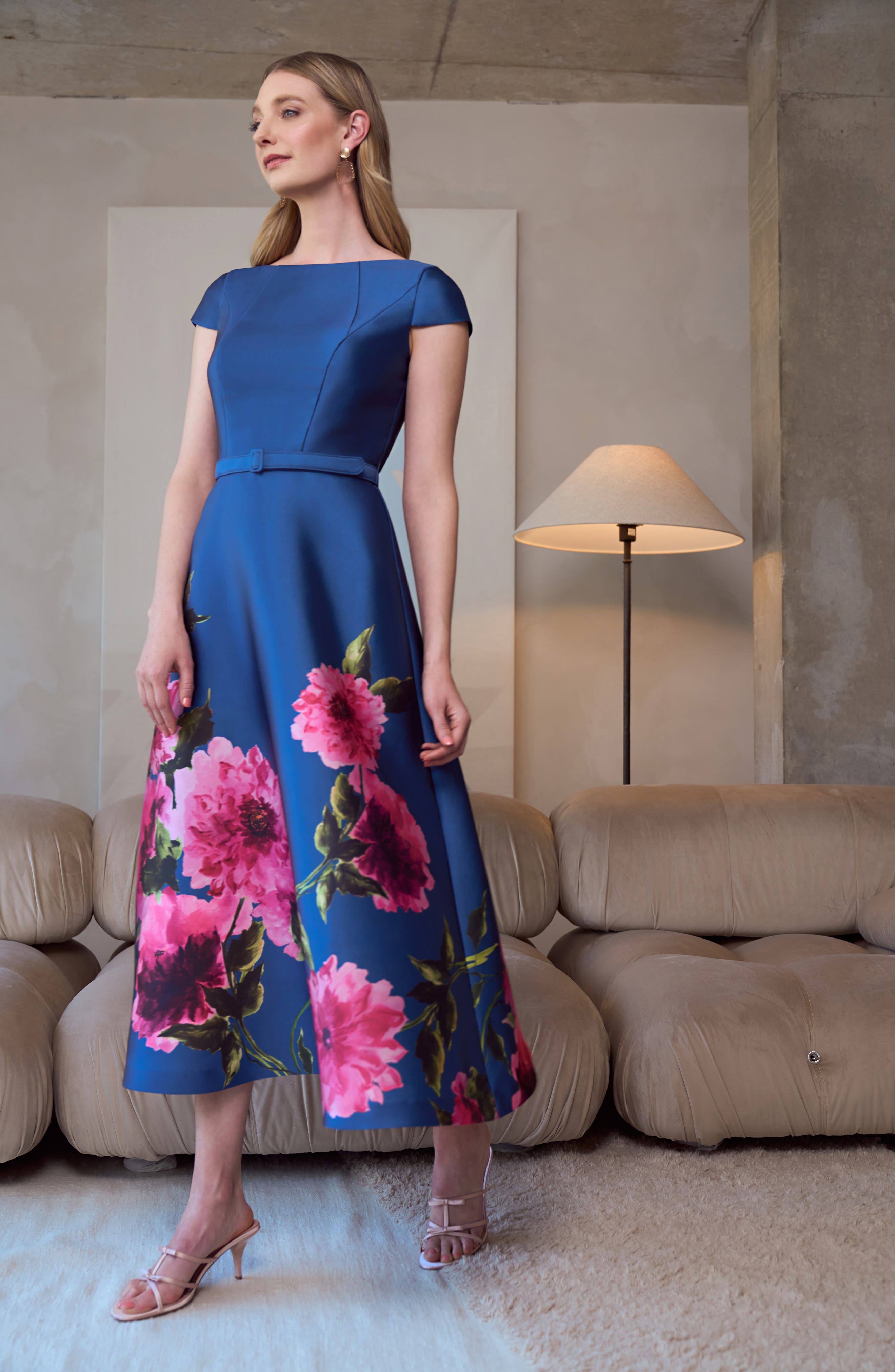 ina belted cocktail dress Kay Unger Women's Ina Peony Mikado Cocktail Dress - Teal Blue