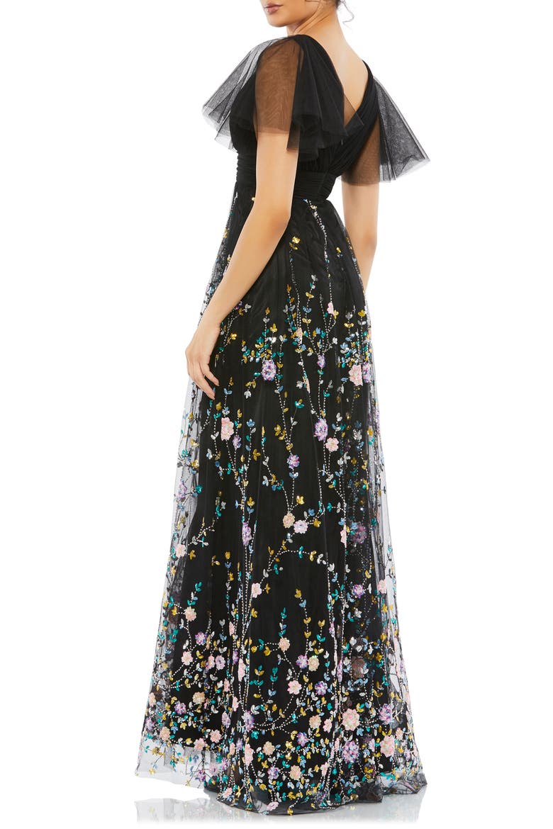 Embellished Illusion Butterfly Sleeve V Neck Gown, Alternate, color, BLACK MULTI