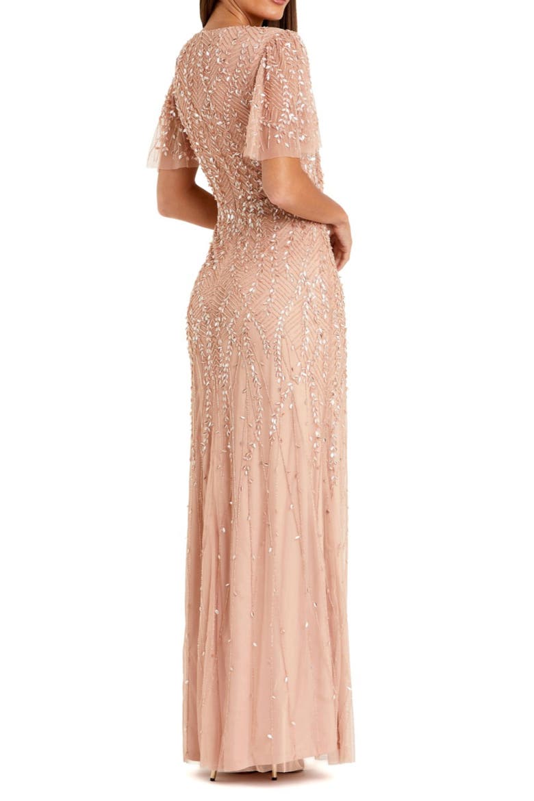 Petite Embellished Flutter Sleeve Evening Gown, Alternate, color, Nude