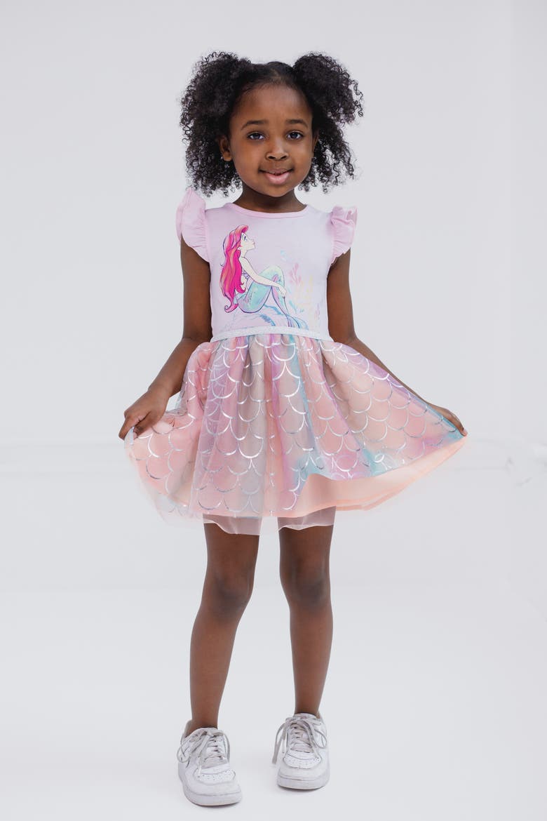 The Little Mermaid Princess Ariel Flutter Sleeve Tulle Tutu Dress, Alternate, color, Pink Ariel Mermaid