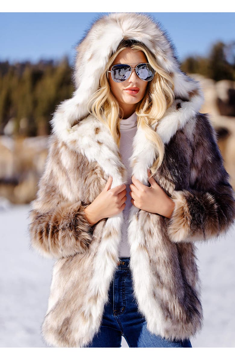 DONNA SALYERS FABULOUS FURS Gold Fox Faux Fur Hooded Coat, Alternate, color,