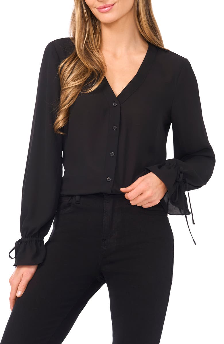 CeCe Tie Cuff Button-Up Top, Main, color, Rich Black