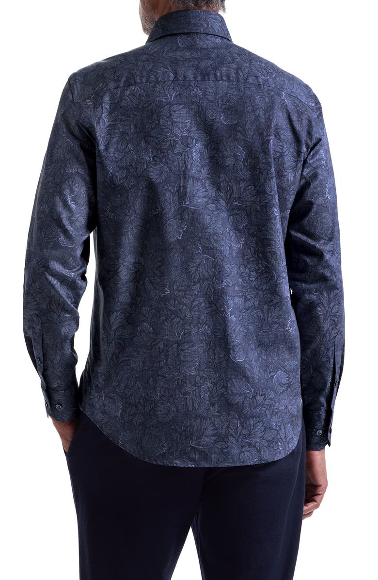 Bugatchi Alvin Shaped Fit Leaf Print Button-Up Shirt, Alternate, color, Night Blue