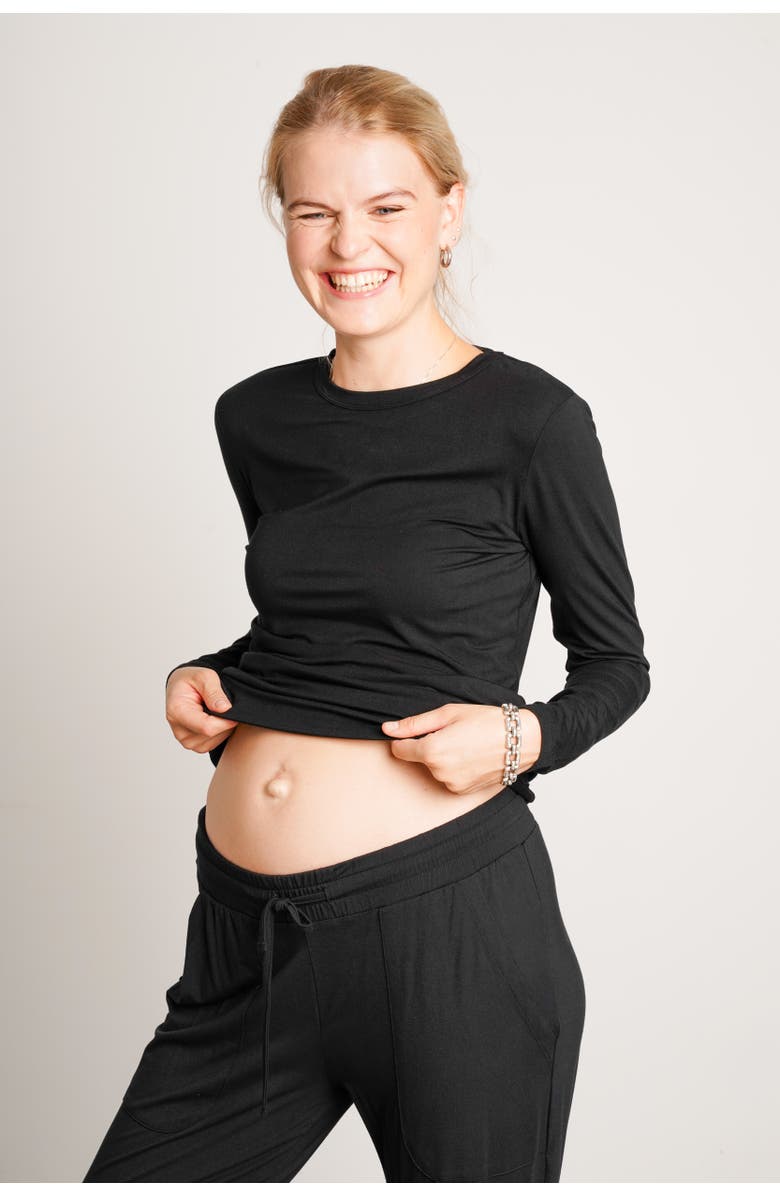 Nom Maternity Liv Long Sleeve Sculpting Maternity Crew Neck Tee, Alternate, color, Black